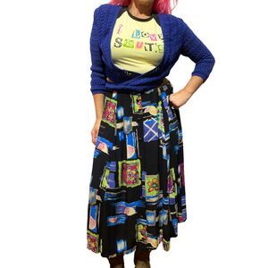 Vintage High Waist Midi Skirt Abstract Floral Print Medium